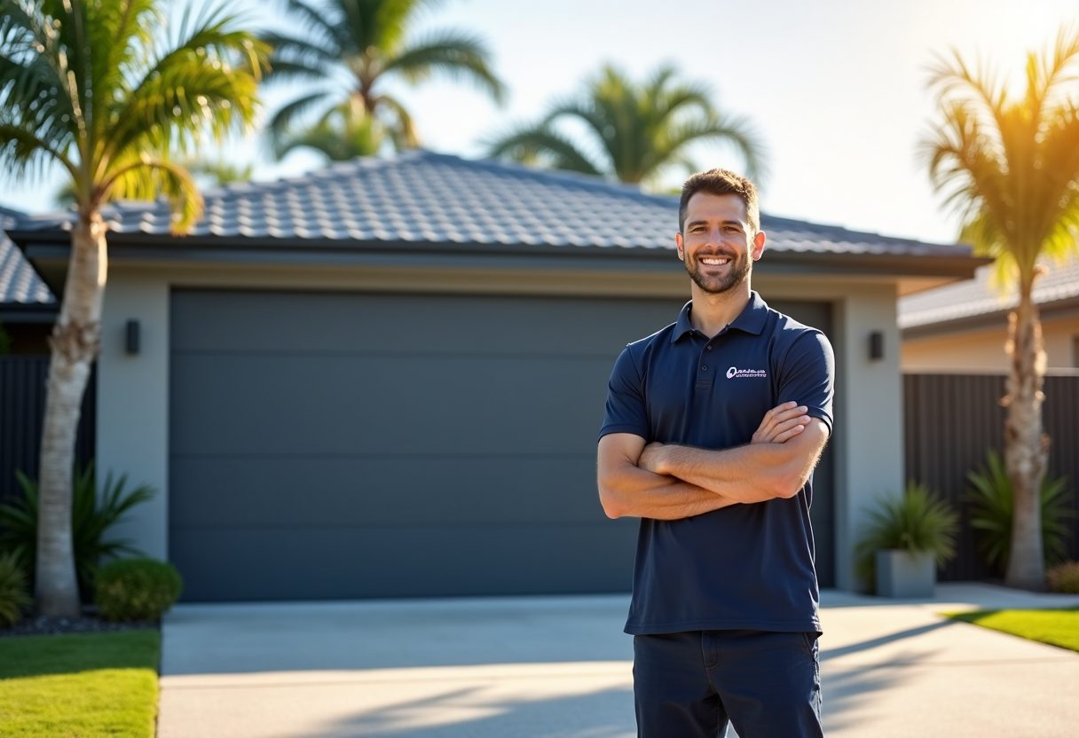 Technician beside a newly installed sectional garage door — Albion